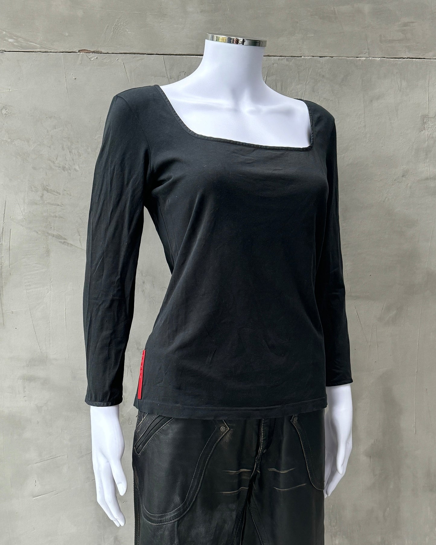 PRADA SPORT BLACK SQUARE NECK LONG-SLEEVE TOP - L