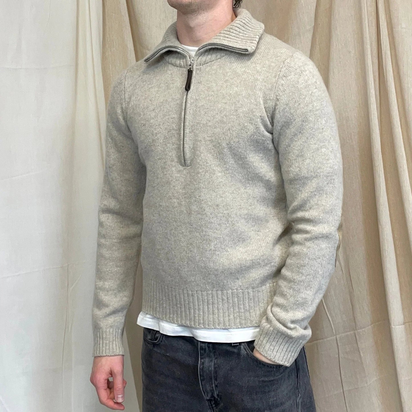 Prada Sport Grey 2007 Suede-Leather Patch Half-Zip Wool Knit Jumper