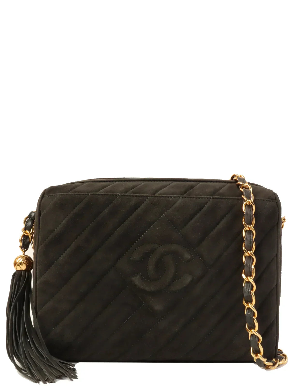 CHANEL Around 1995 Made Suede Cc Mark Stitch Tassel Chain Shouder Bag Gray