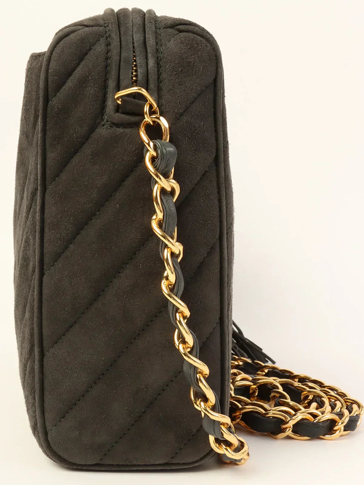 CHANEL Around 1995 Made Suede Cc Mark Stitch Tassel Chain Shouder Bag Gray