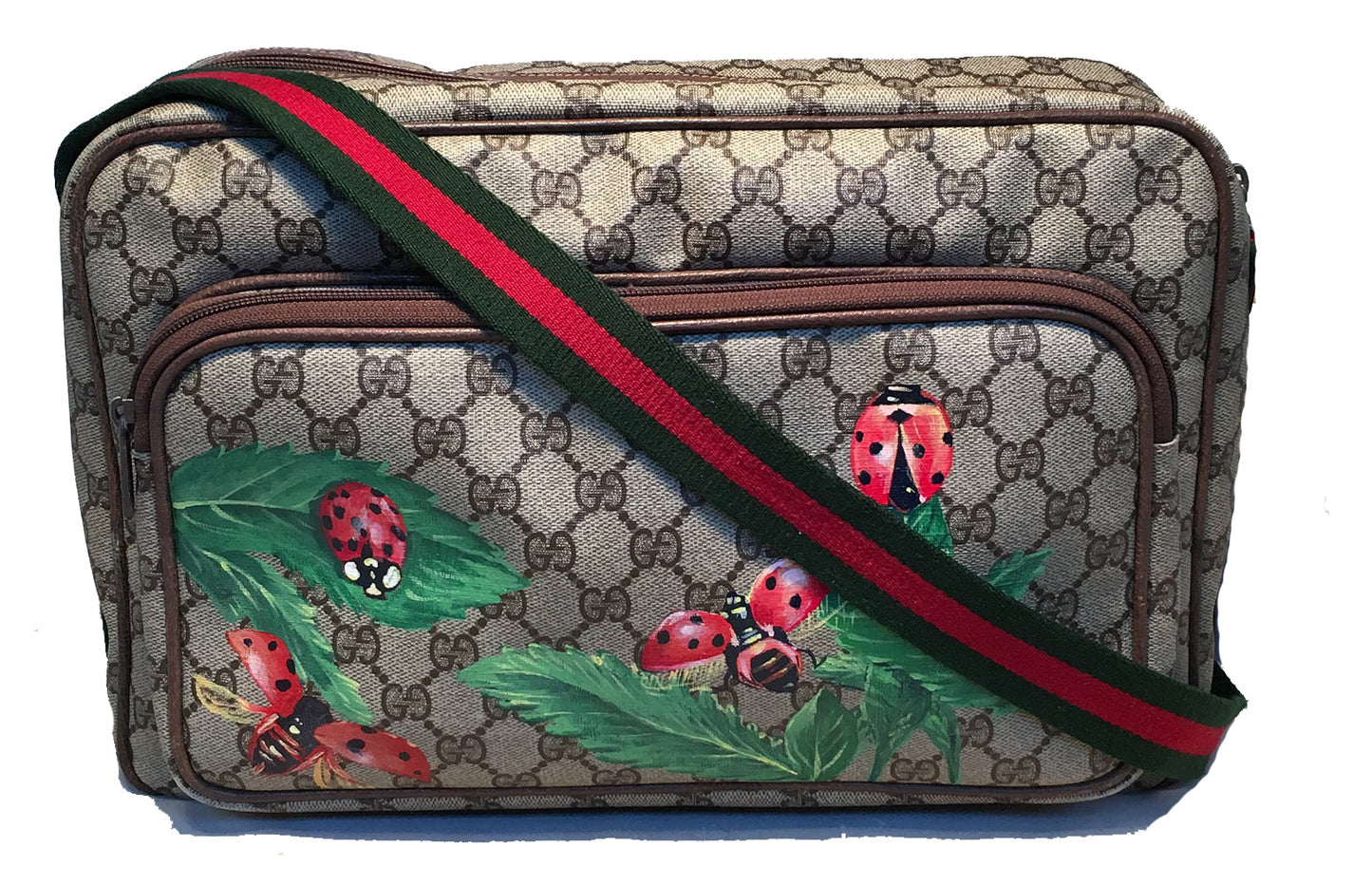 Gucci   Monogram Hand Painted Ladybug Reporter Messenger Shoulder Bag
