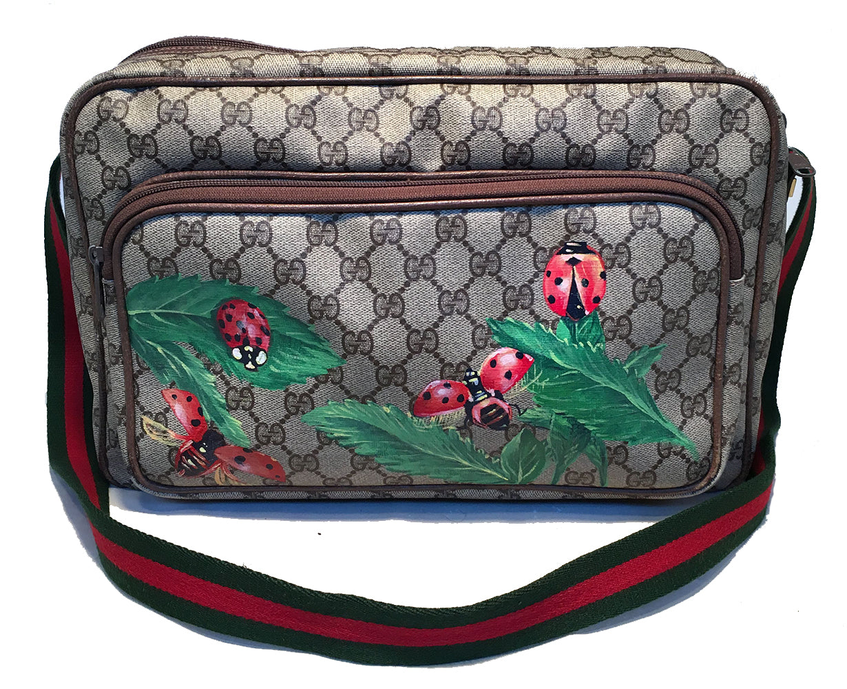 Gucci   Monogram Hand Painted Ladybug Reporter Messenger Shoulder Bag