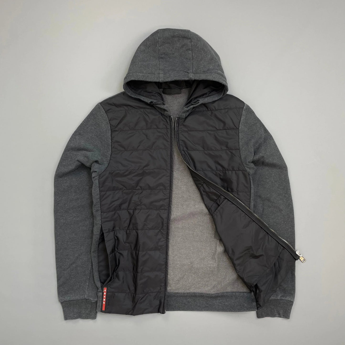Prada Sport Grey 2016 Nylon Padded Hybrid Hooded Jacket