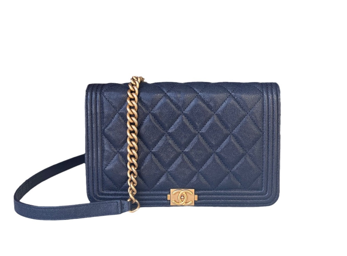 Chanel Wallet on Chain WOC Boy Navy Caviar Leather with Antiqued Gold Hardware