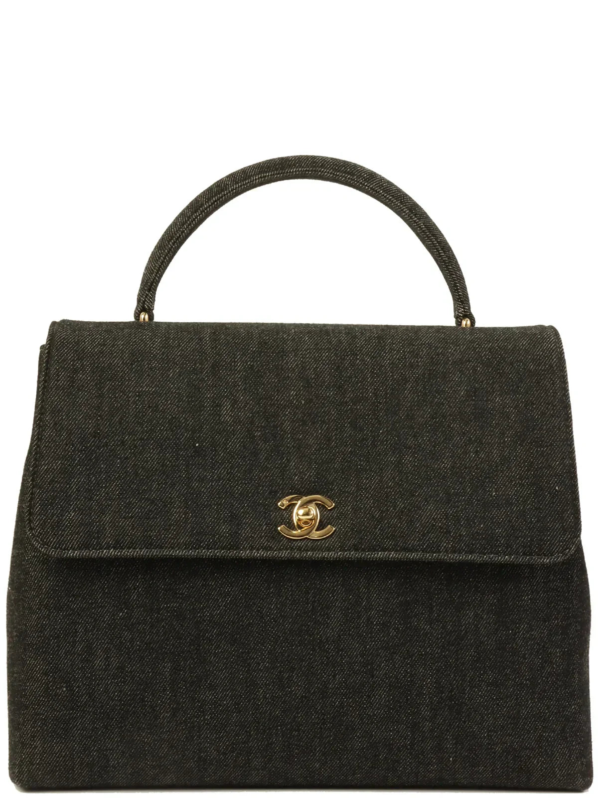 CHANEL Around 1998 Made Denim Turn-Lock Top Handle Bag Black