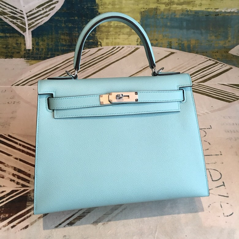 Top Quality Kelly 28 Bleu Frida Evercolor Bag With Sliver Toned Harware For Women, Handbags, Shoulder Bags 11in/28cm