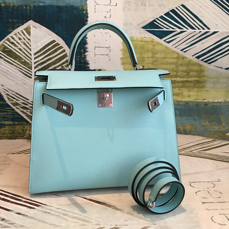 Top Quality Kelly 28 Bleu Frida Evercolor Bag With Sliver Toned Harware For Women, Handbags, Shoulder Bags 11in/28cm
