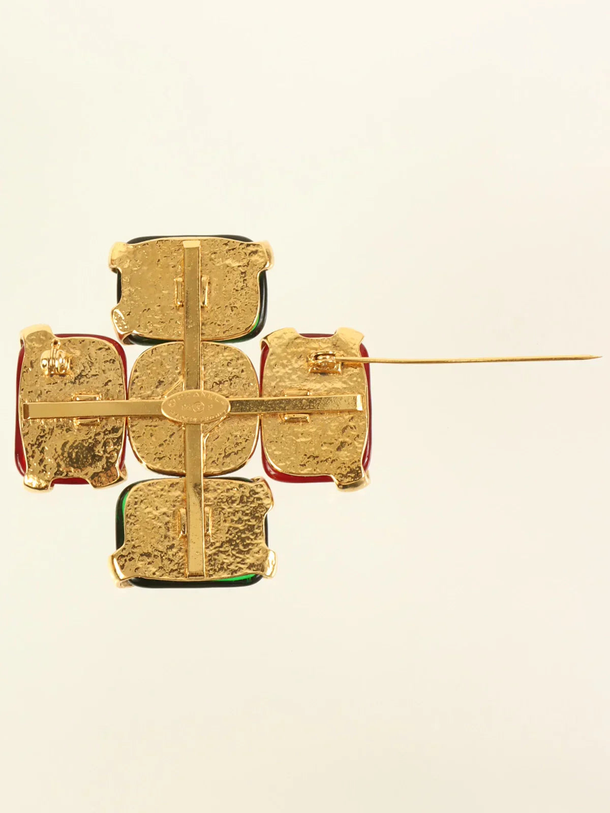CHANEL 1994 Made Cross Motif Gripoix Pearl Cc Mark Brooch Green/Red/White