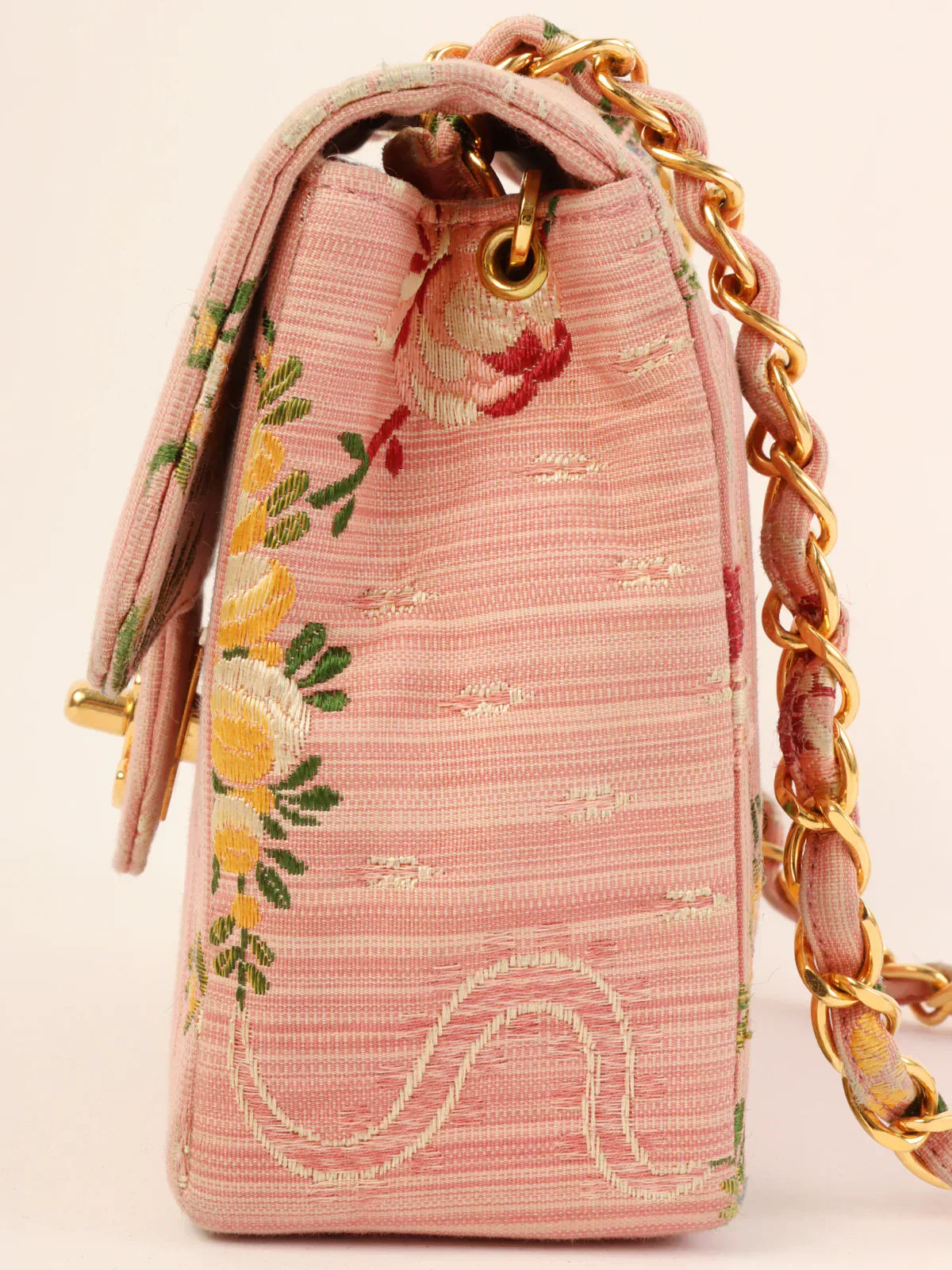 CHANEL Around 1992 Made Flower Stitch Classic Flap Chain Bag Mini Pink/Multi