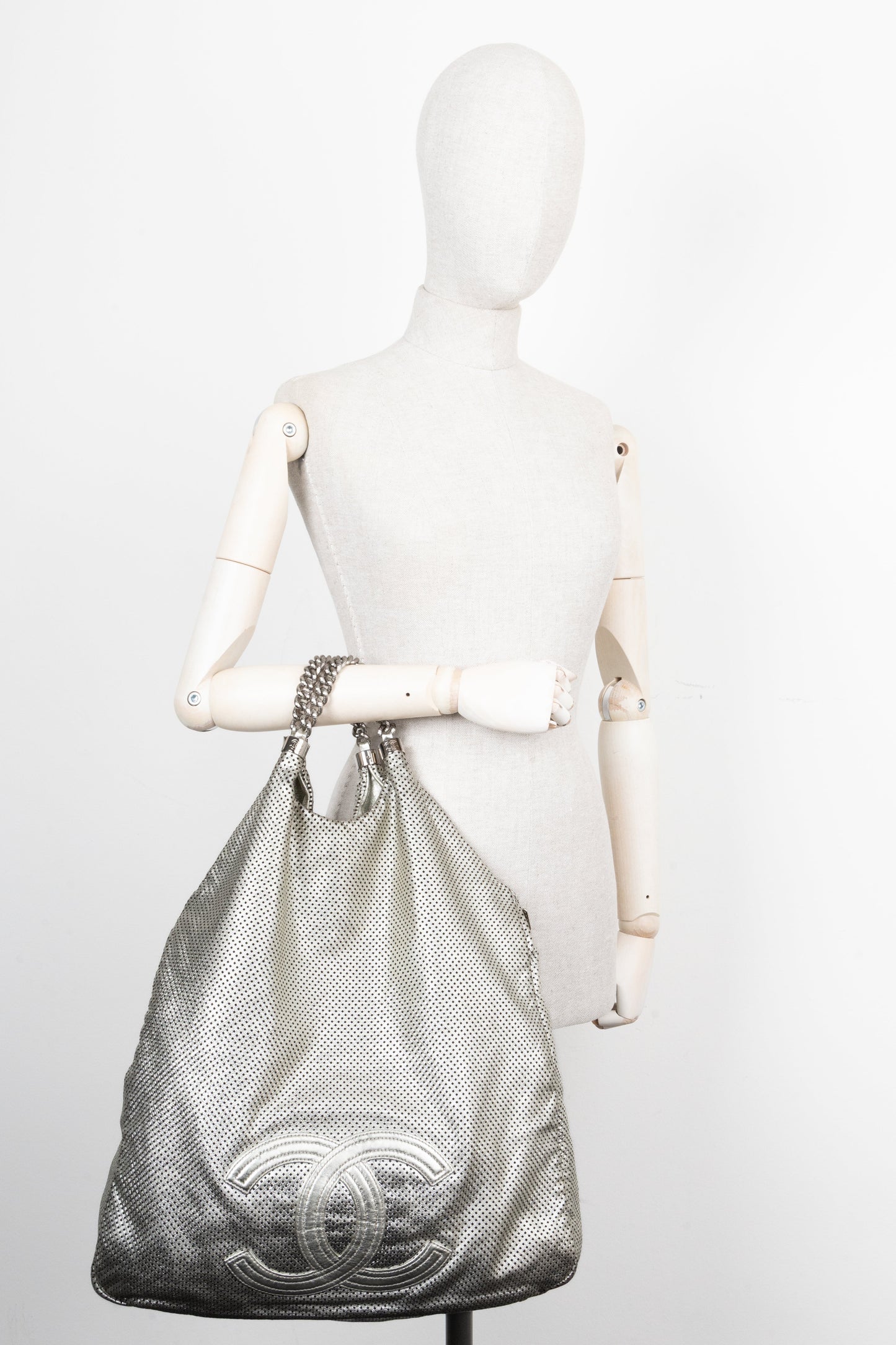 CHANEL Perforated Rodeo Drive XL Hobo Bag Silver