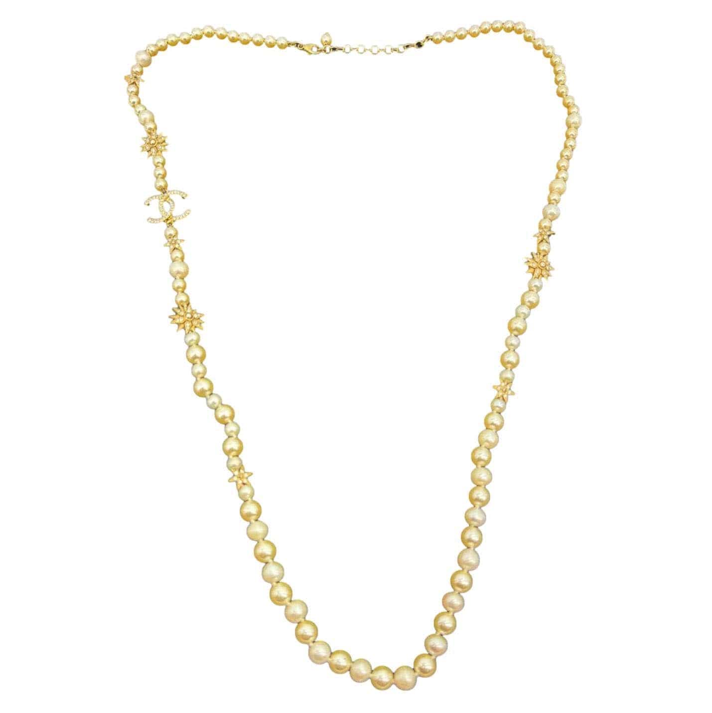 CHANEL Pearl CC Star Charm Long Necklace Off White