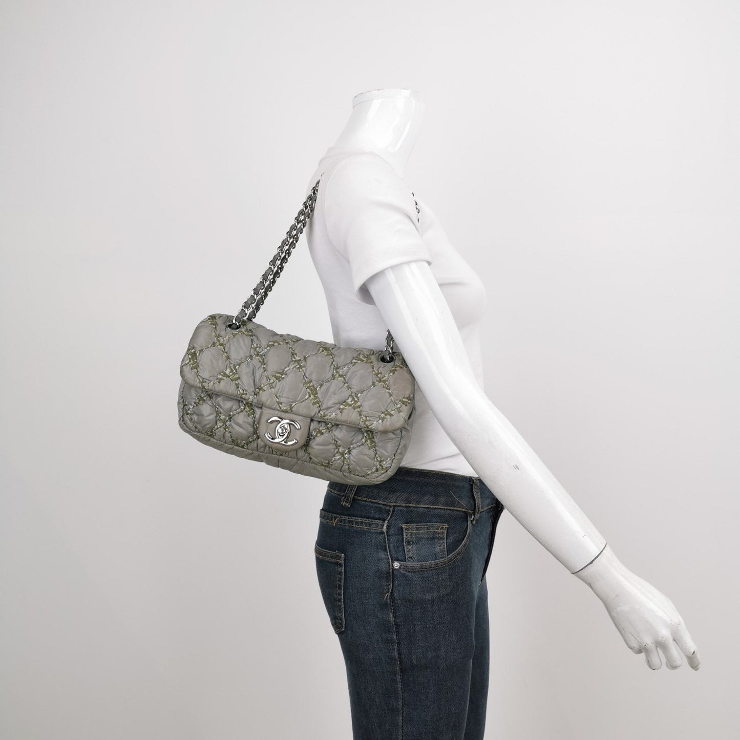 Chanel 2011 Paris-Byzance Tweed On Stitch Nylon Quilted Flap Bag Grey