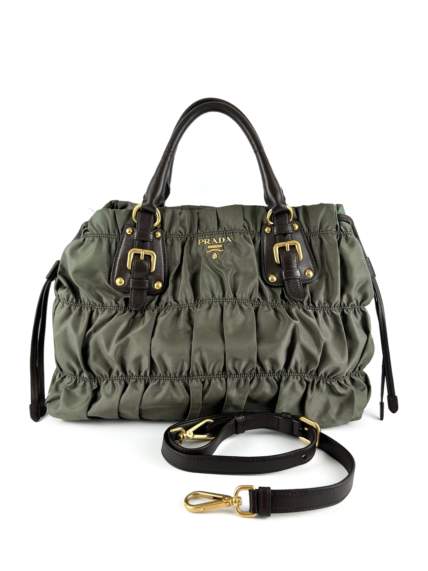 Prada Khaki Tessuto Gaufre Nylon Satchel Bag (with extension strap)