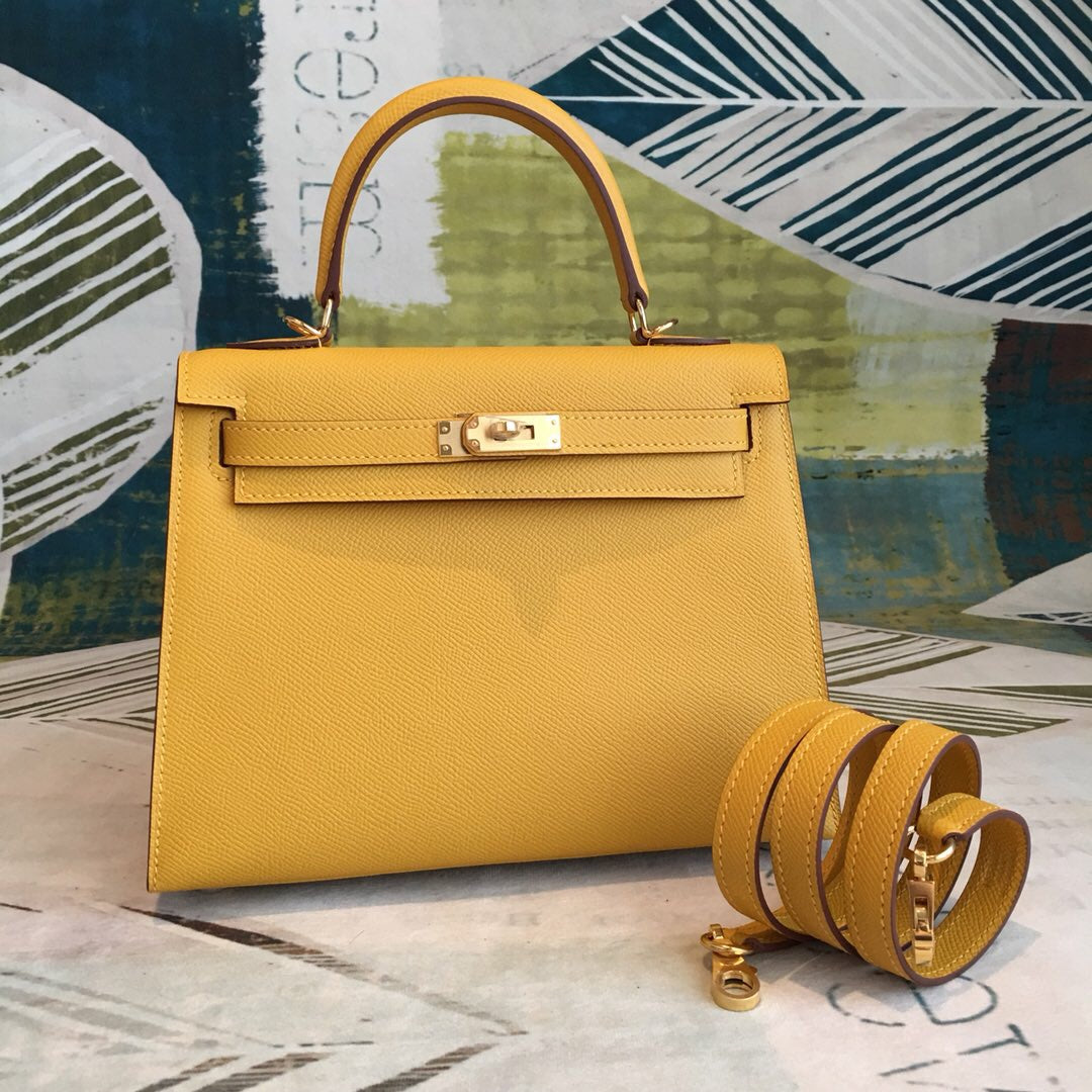 Top Quality Kelly 28 Yellow Bag With Gold Toned Harware For Women, Handbags, Shoulder Bags 11in/28cm