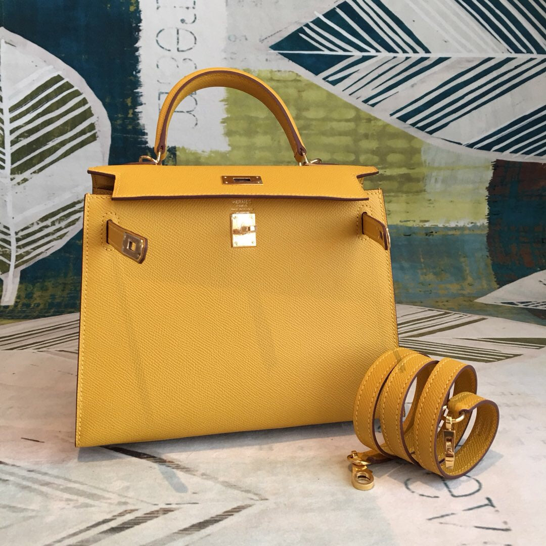 Top Quality Kelly 28 Yellow Bag With Gold Toned Harware For Women, Handbags, Shoulder Bags 11in/28cm
