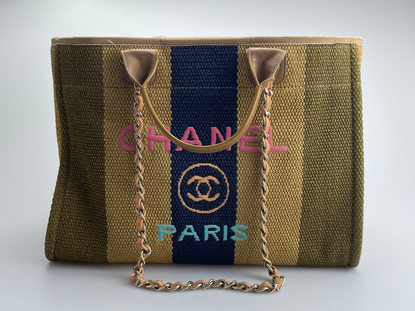 Chanel Deauville Medium Tote Bag in Khaki Beige and Navy Blue Raffia with Gold Hardware