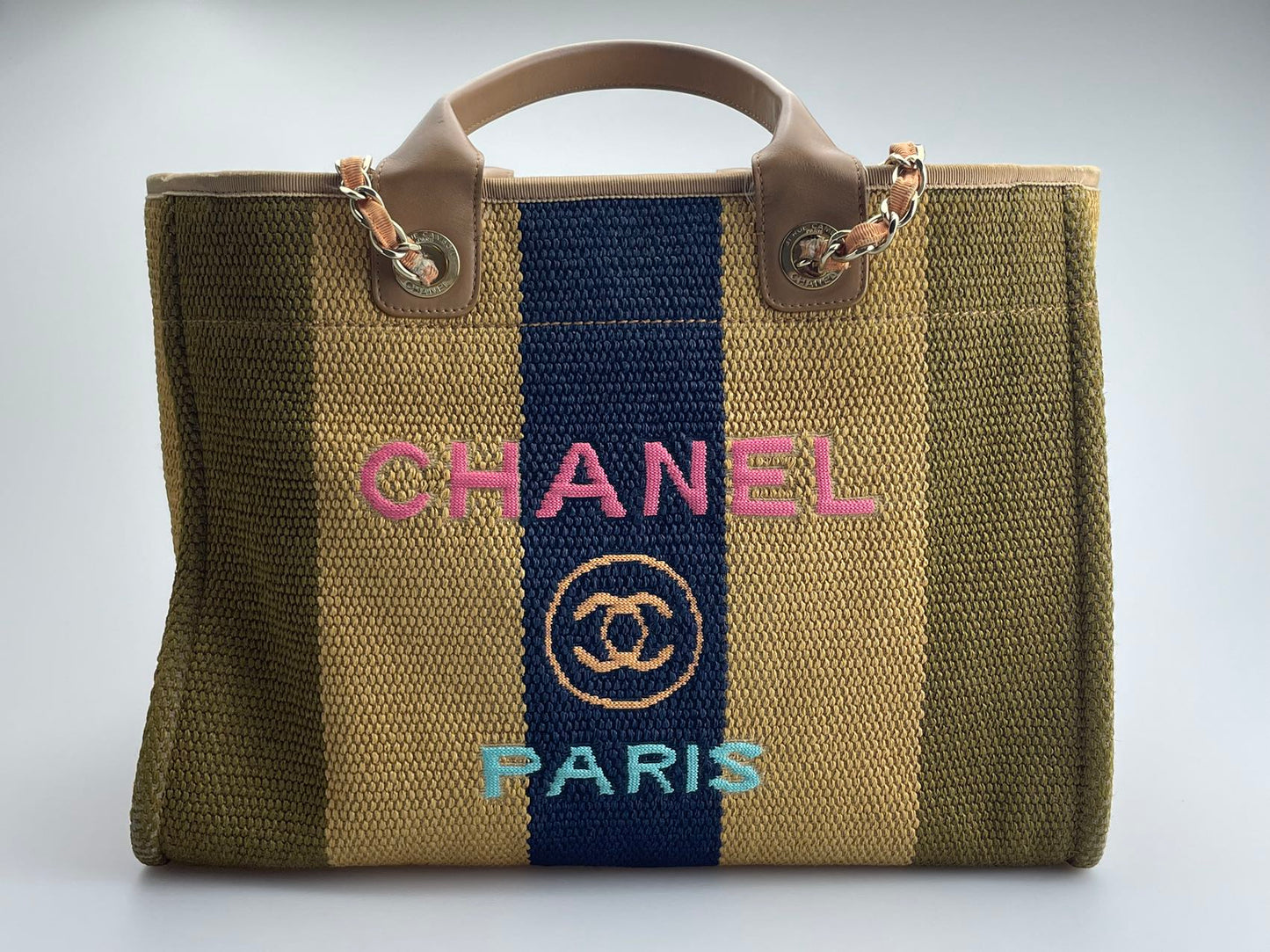 Chanel Deauville Medium Tote Bag in Khaki Beige and Navy Blue Raffia with Gold Hardware