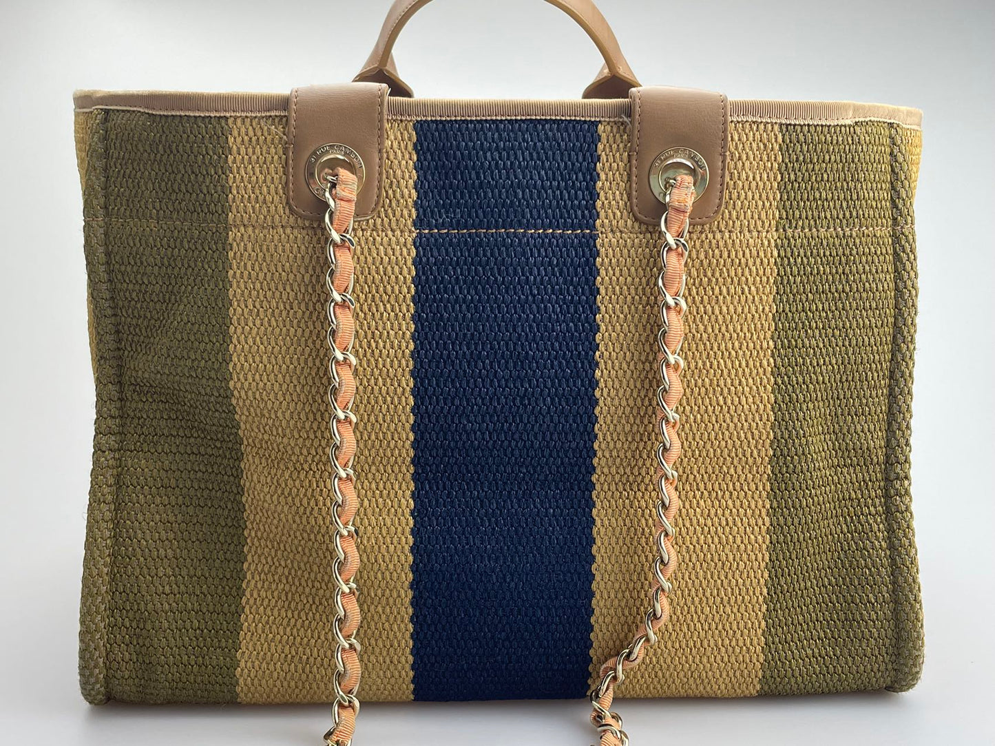 Chanel Deauville Medium Tote Bag in Khaki Beige and Navy Blue Raffia with Gold Hardware