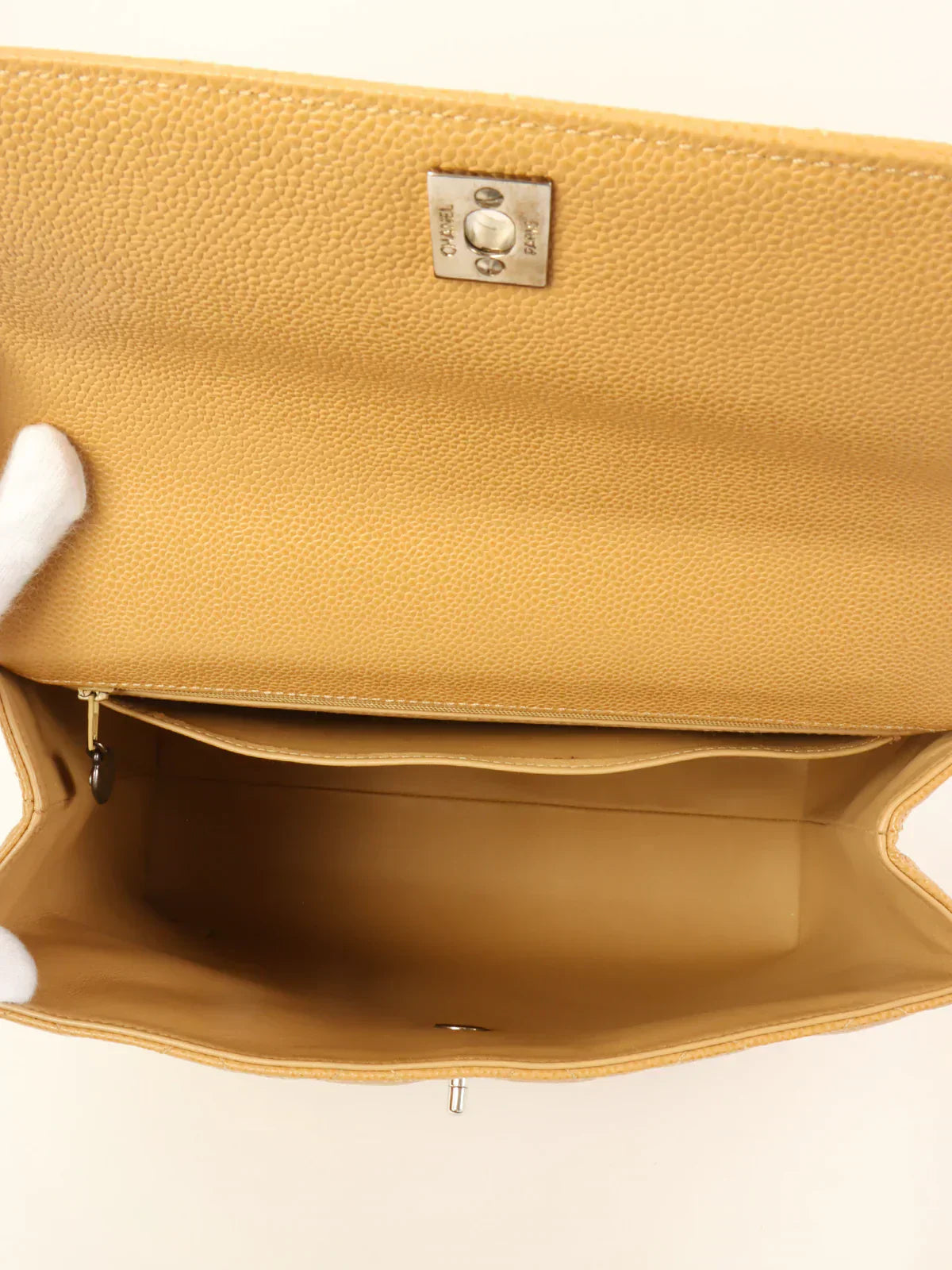 CHANEL Around 2000 Made Caviar Skin Turn-Lock Top Handle Bag Beige