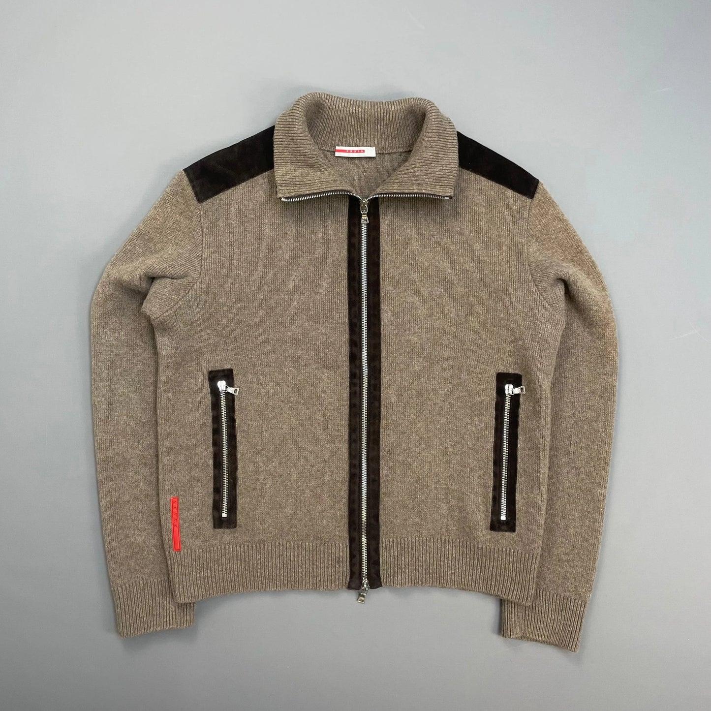 Prada Sport Brown 2012 Leather Suede Wool Knit Zip Cardigan Jacket