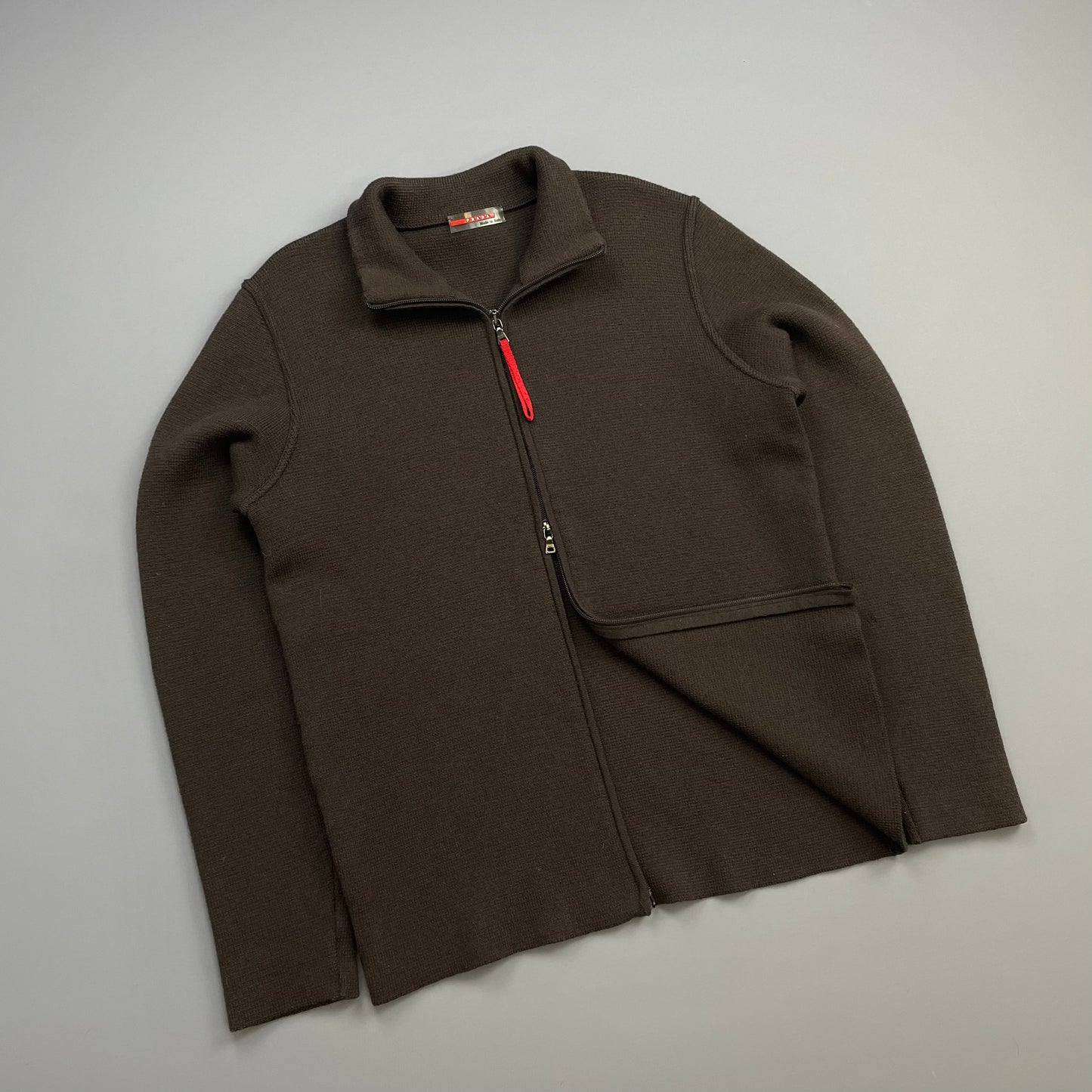 Prada Sport Khaki Brown 00s Zip-Through Wool Knit Cardigan Jacket