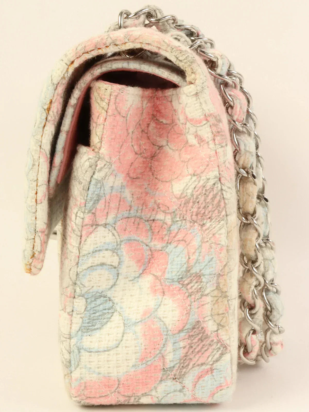CHANEL Around 2009 Made Tweed Camellia Print Classic Flap Chain Bag 25Cm White/Multi