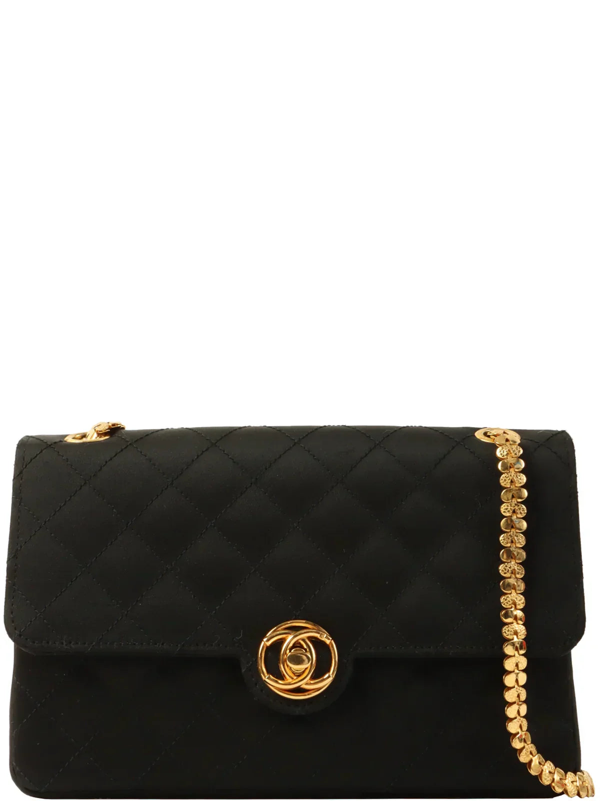 CHANEL Around 1985?1990 Made Silk Satin Circle Turn-Lock Chain Bag Black
