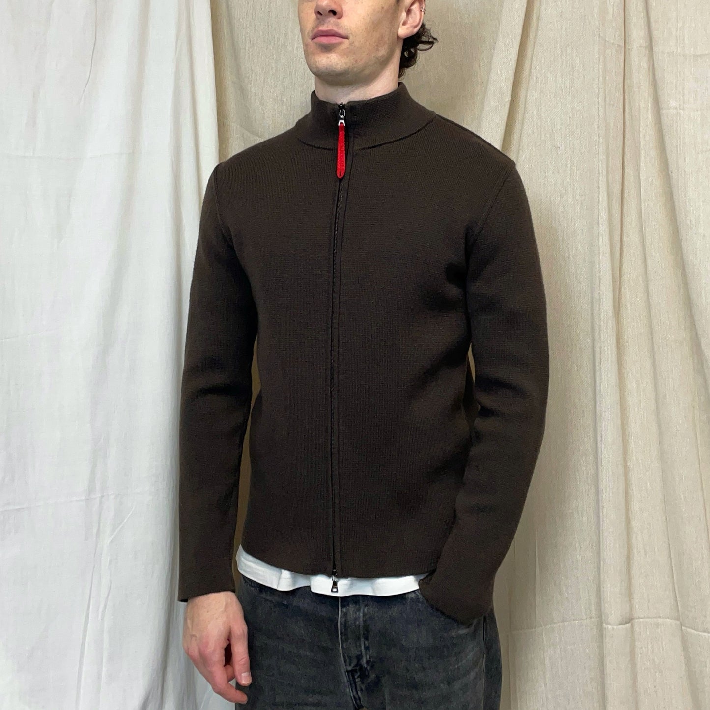 Prada Sport Khaki Brown 00s Zip-Through Wool Knit Cardigan Jacket
