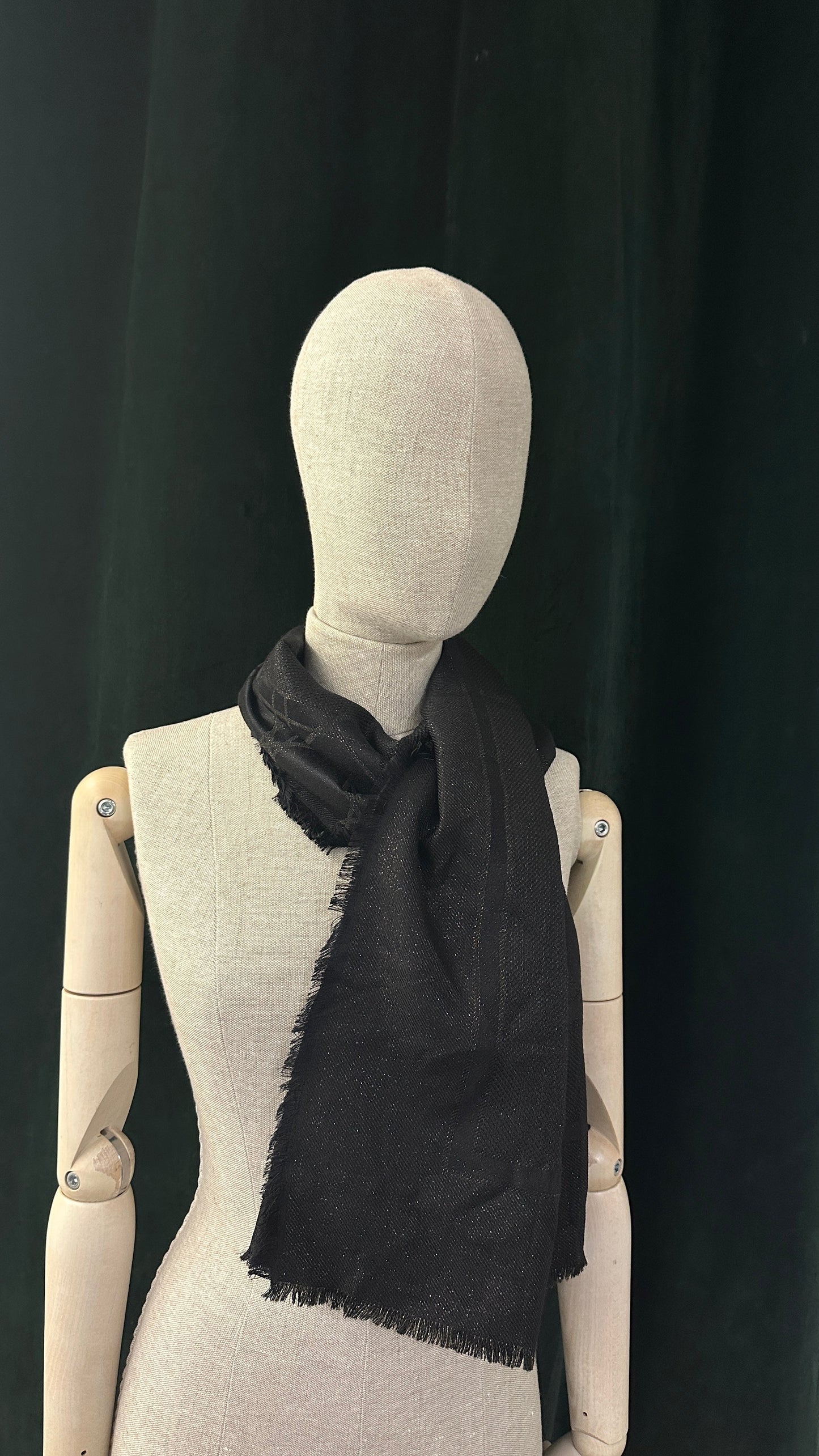 CHRISTIAN DIOR Cannage Scarf Lurex Wool Silk Black Gold