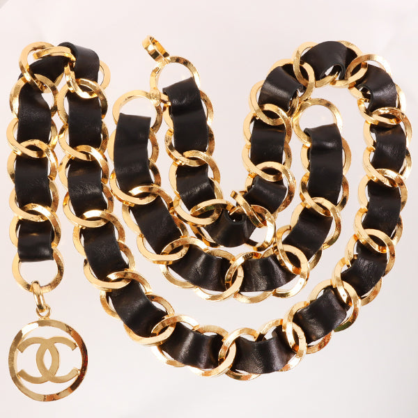 Chanel 1991 Made Round Cc Mark Cutout Charm Chain Belt Black