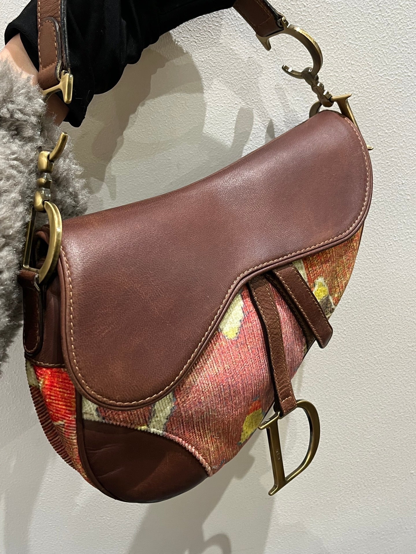 Dior Saddle bag   brown leather and printed velvet RARE