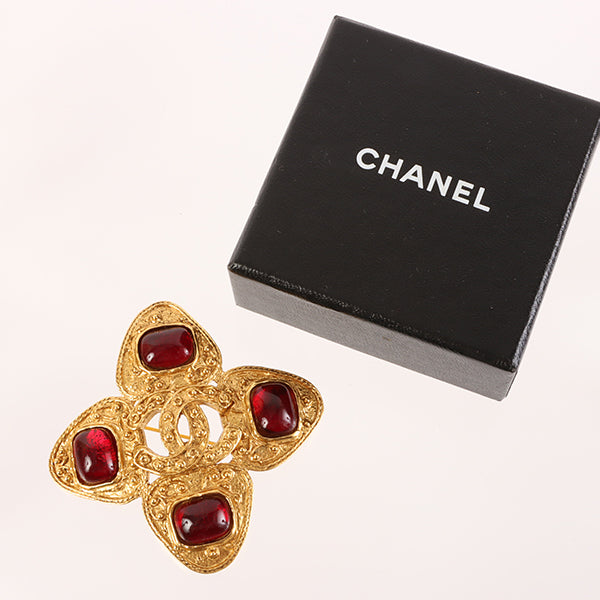 Chanel 1994 Made Gripoix Stone Cc Mark Brooch Red