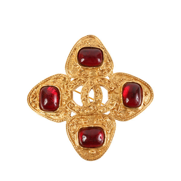 Chanel 1994 Made Gripoix Stone Cc Mark Brooch Red