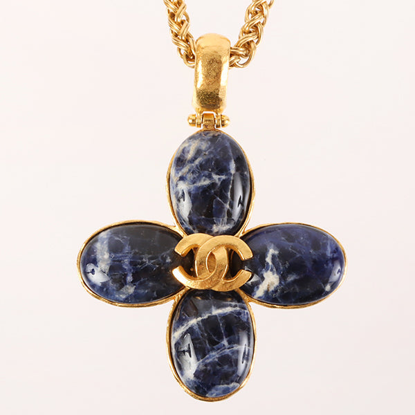 Chanel Around 1995 Made Marble Stone Cc Mark Flower Motif Necklace Royal Blue