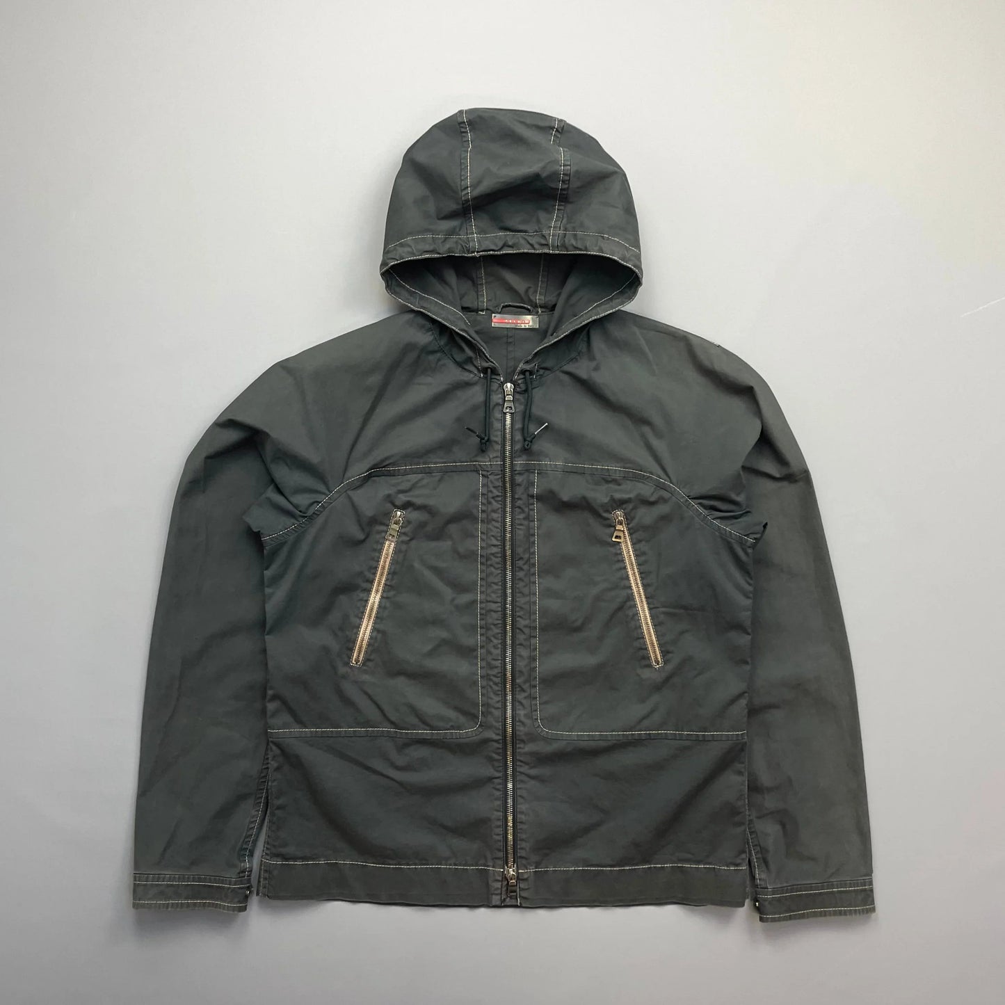 Prada Sport Grey Lightweight Contrast Stitching Hooded Windbreaker Jacket