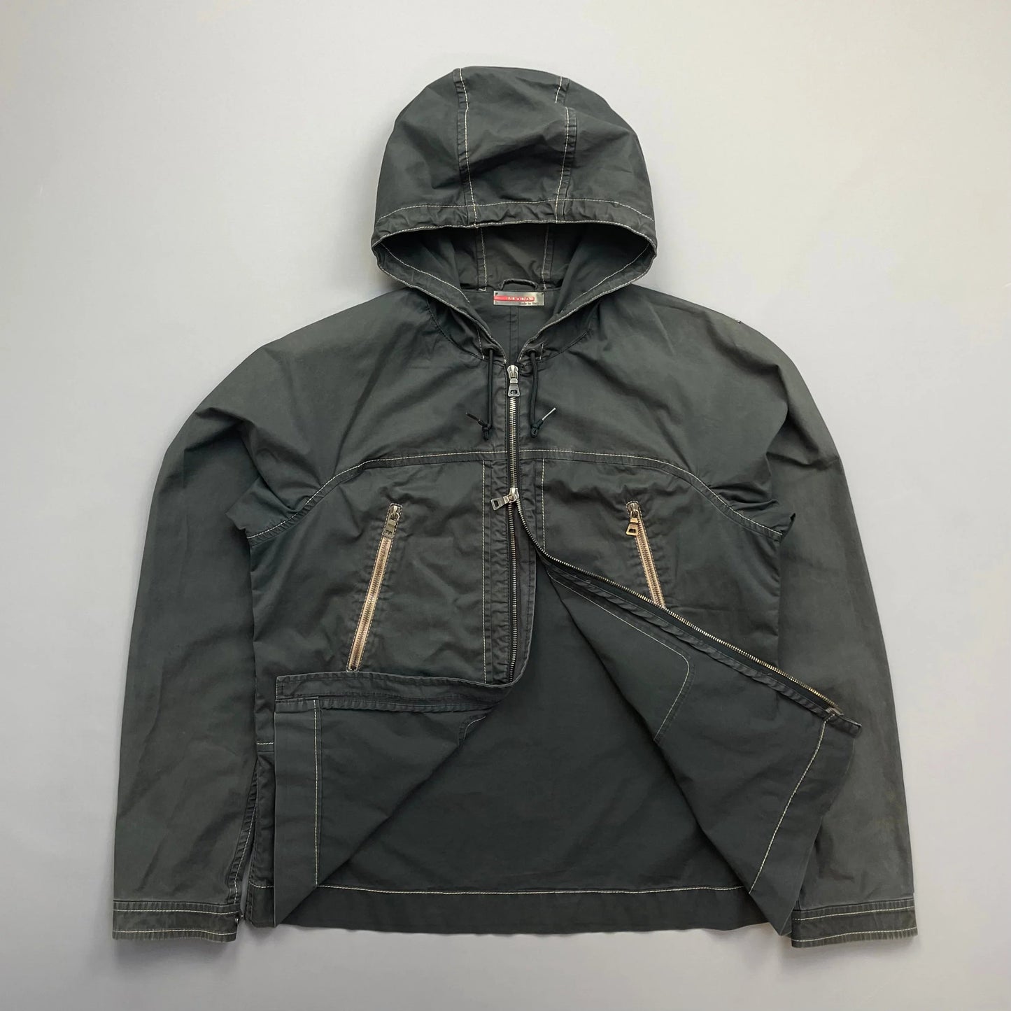 Prada Sport Grey Lightweight Contrast Stitching Hooded Windbreaker Jacket