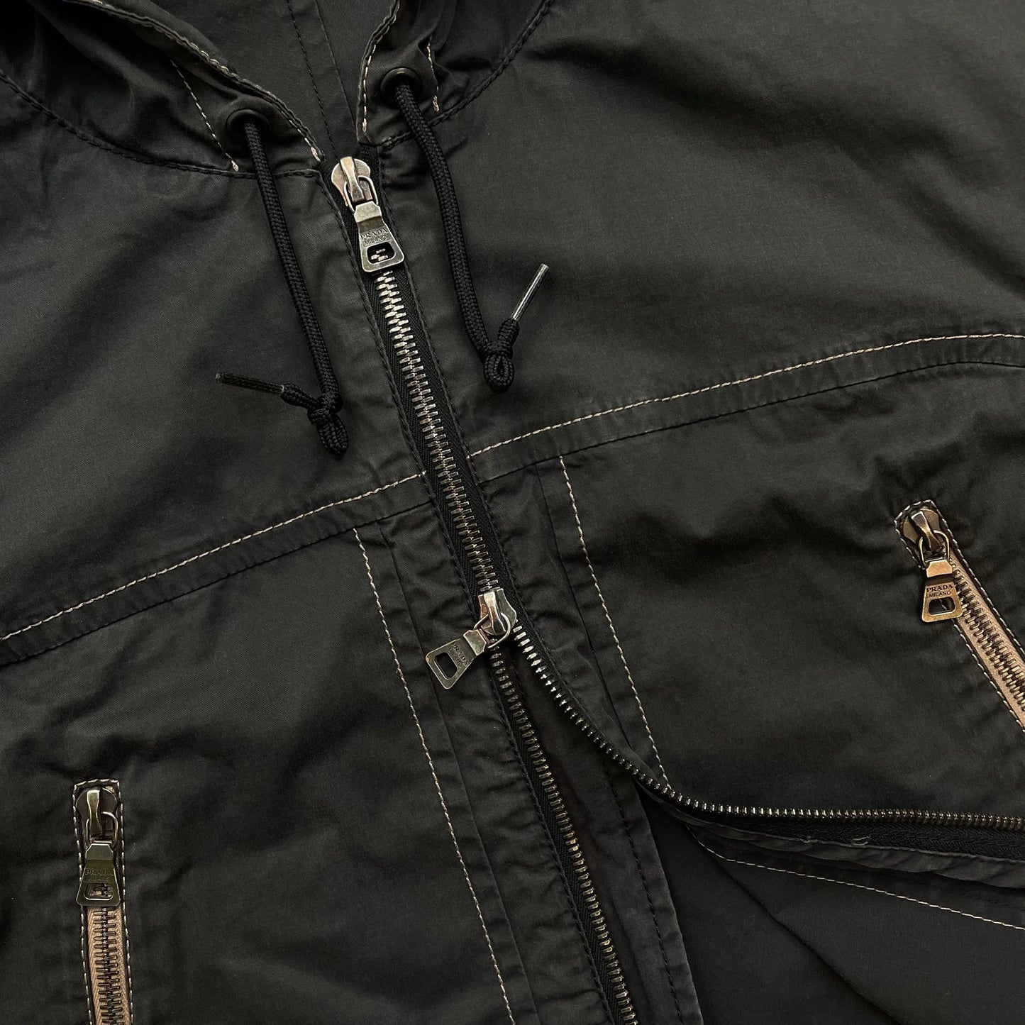 Prada Sport Grey Lightweight Contrast Stitching Hooded Windbreaker Jacket