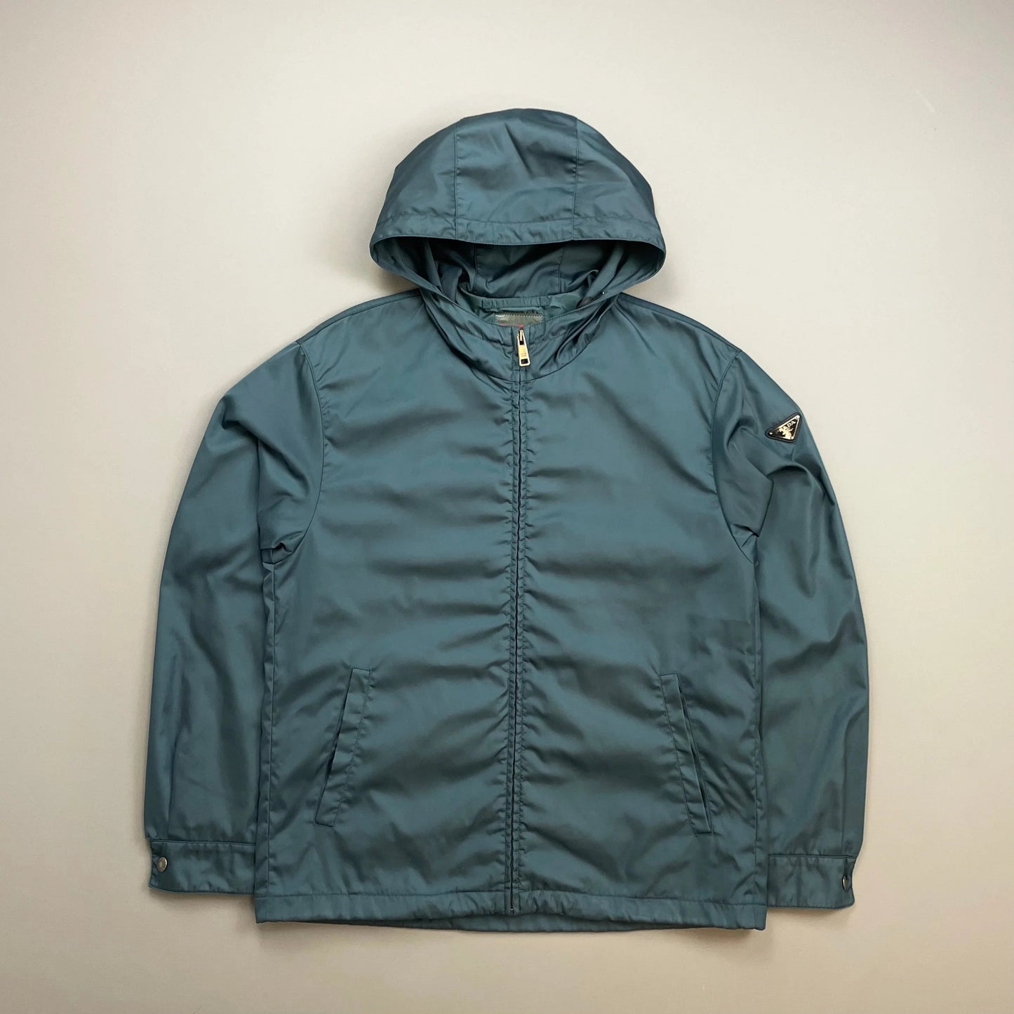 Prada Mainline Teal Blue 2014 Nylon Hooded Plaque Jacket