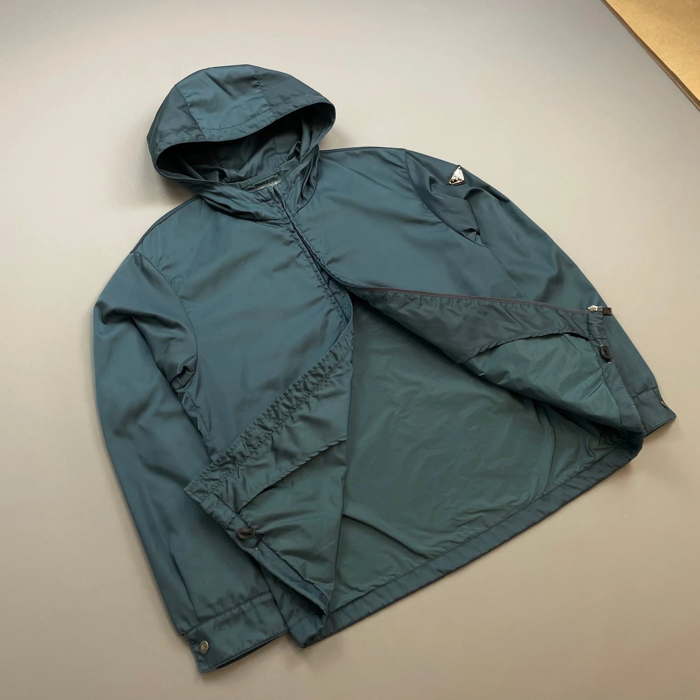 Prada Mainline Teal Blue 2014 Nylon Hooded Plaque Jacket