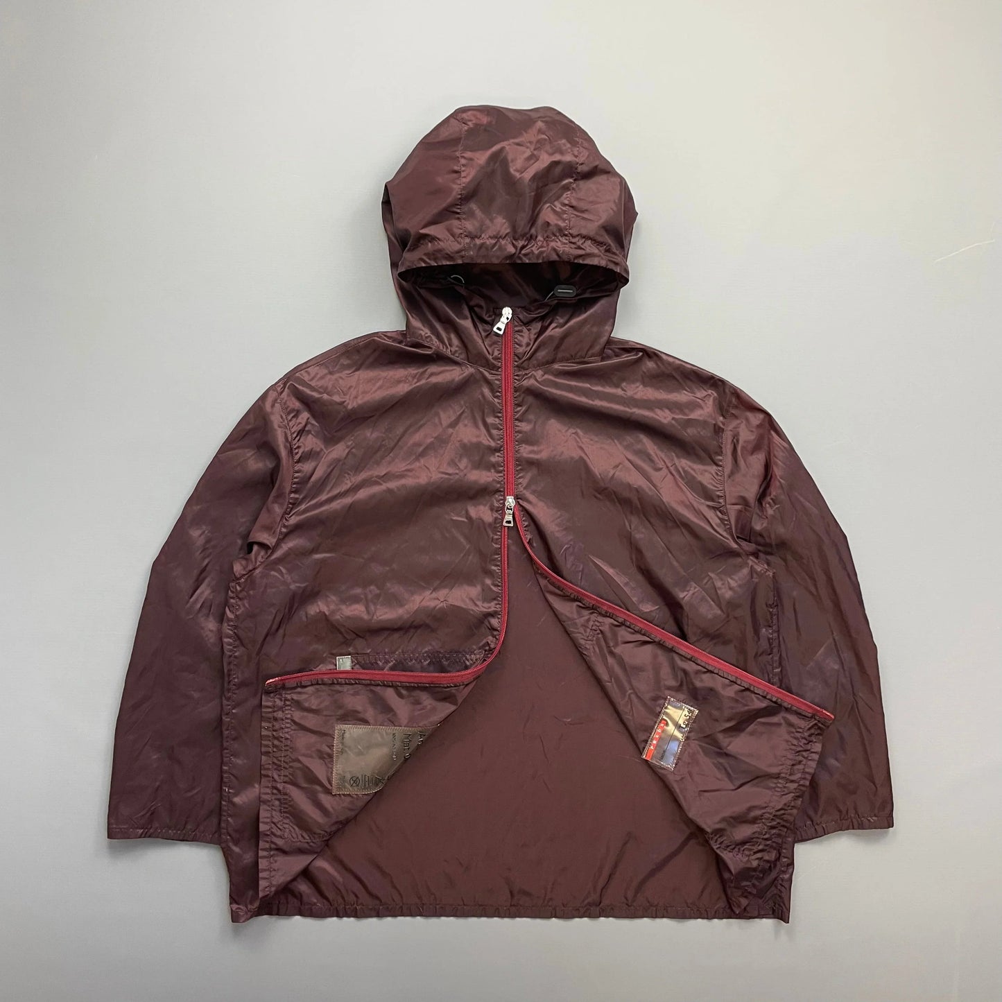 Prada Sport Burgundy SS00 Runway Reflective Nylon Hooded Jacket
