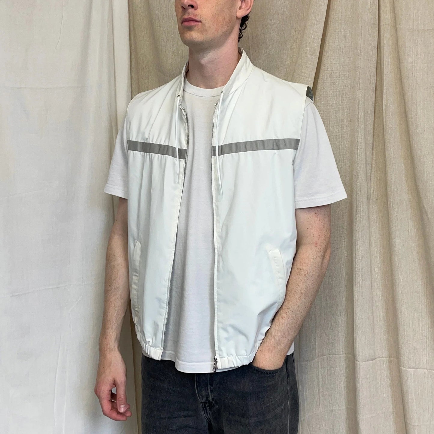 Prada Cream White & Grey 2009 Windstopper Toggle-Collar Gilet Vest