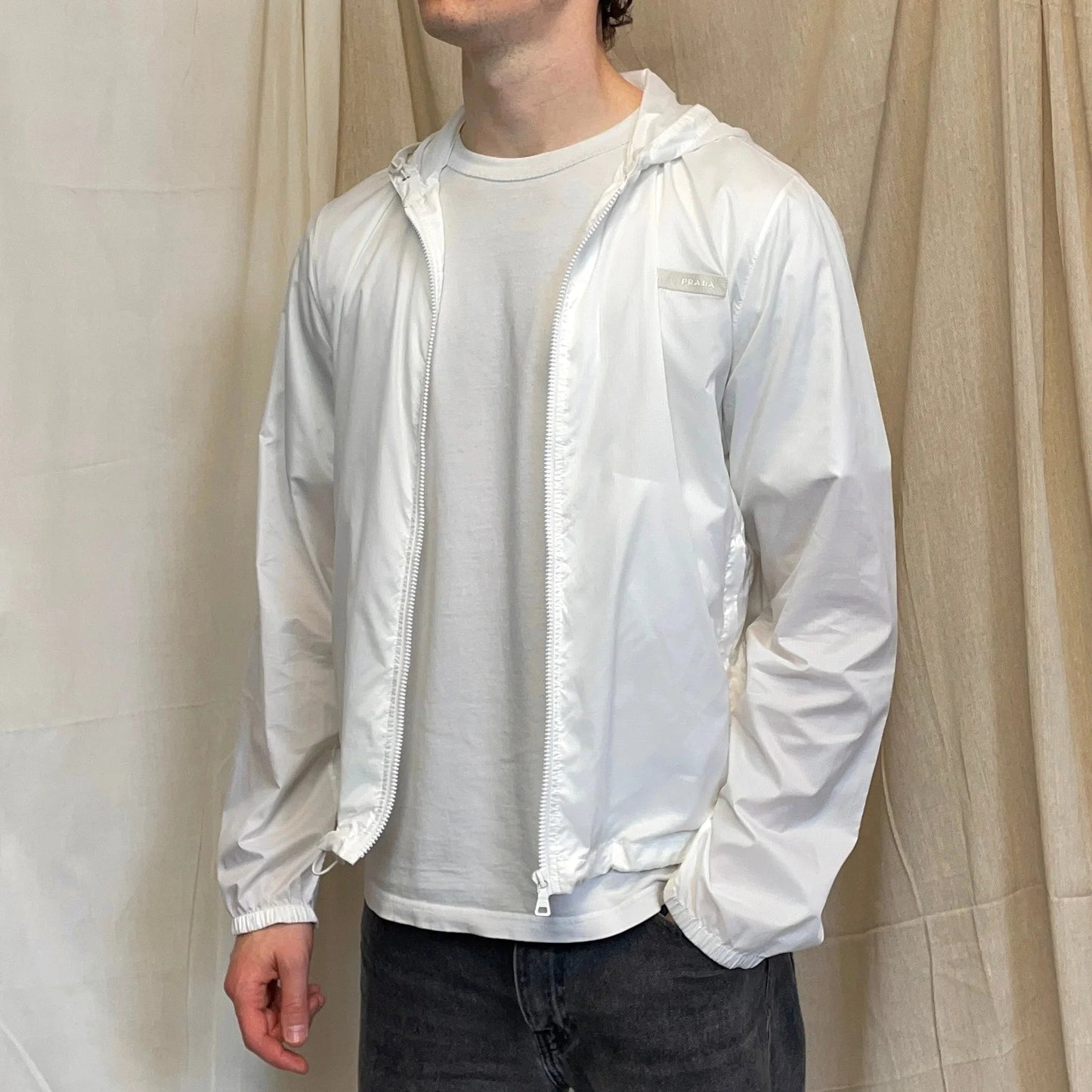 Prada Sport White 2007 Lightweight Nylon Hooded Windbreaker Jacket