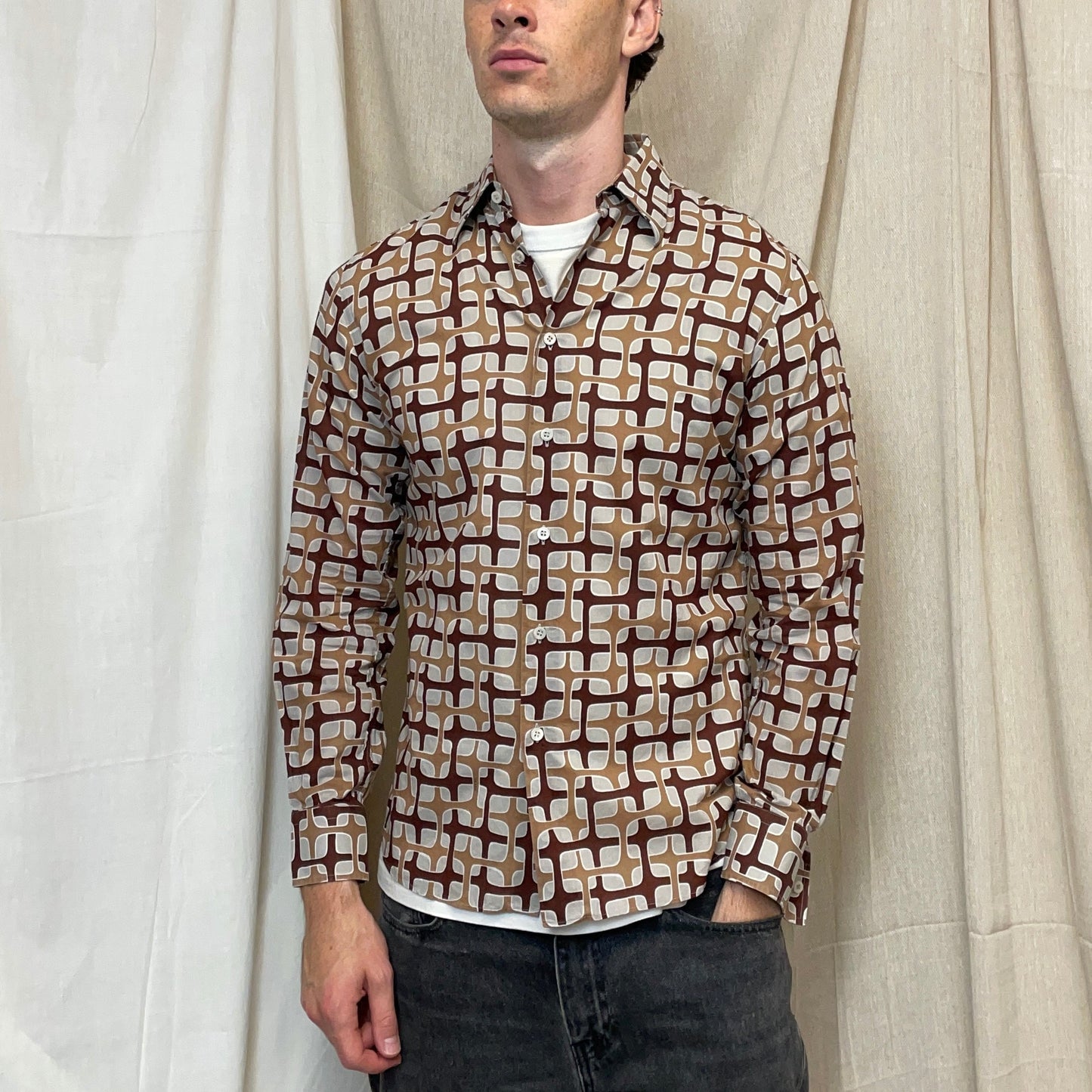 Prada Milano Brown 00s Geometric Interlink All-Over Print Shirt