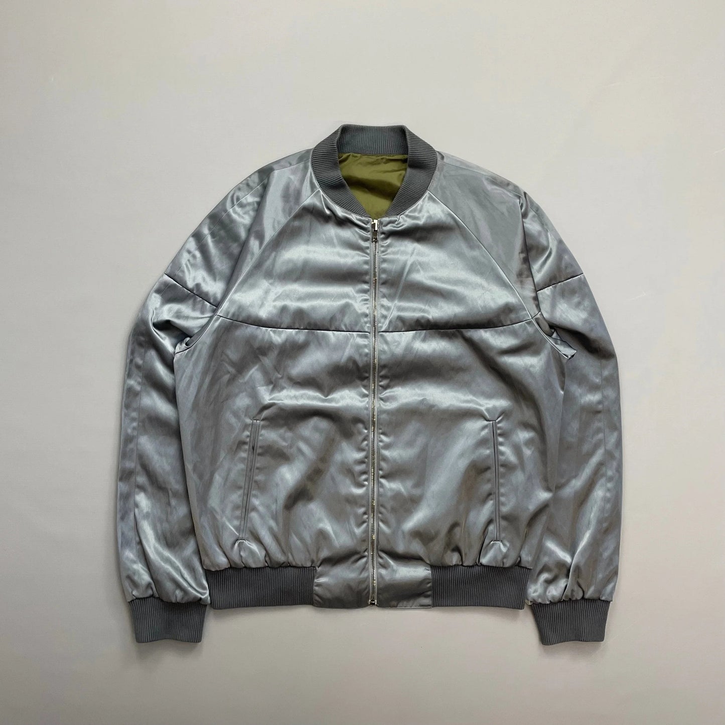 Prada Silver/Khaki Reversible 2010 Nylon Lightweight Bomber Jacket