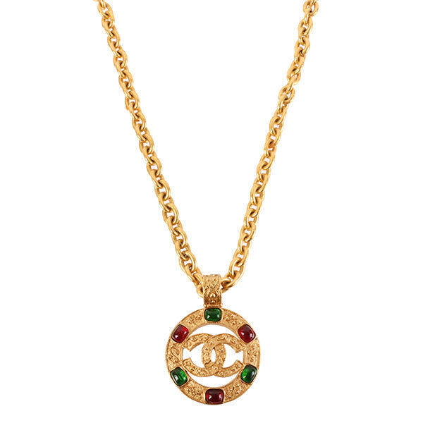 Chanel 1994 Made Gripoix Round Cutout Cc Mark Necklace Green/Red