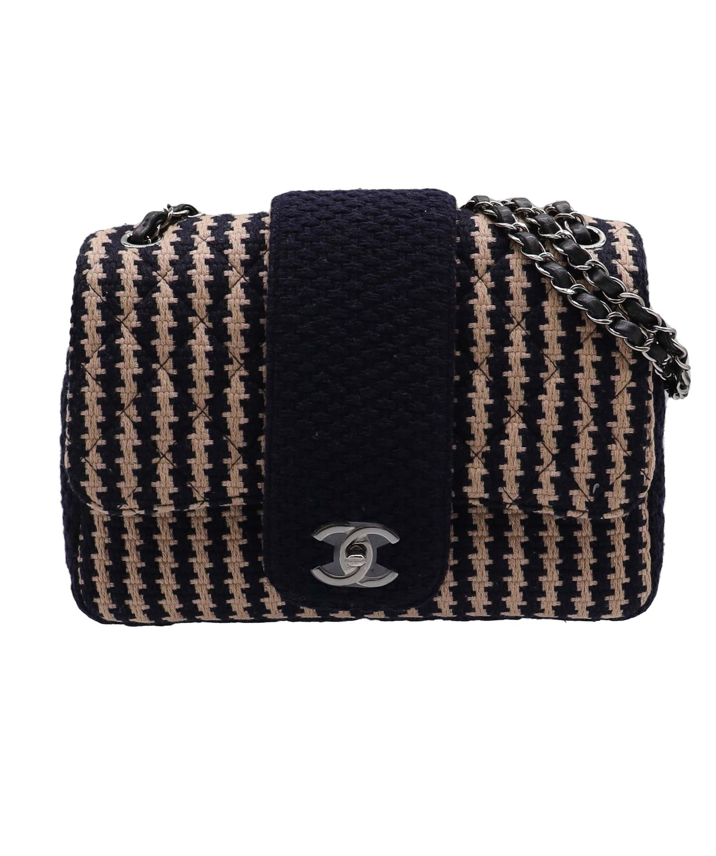 CHANEL Coco Logos Wool Chain Shoulder Beige/Navy DXBS3469