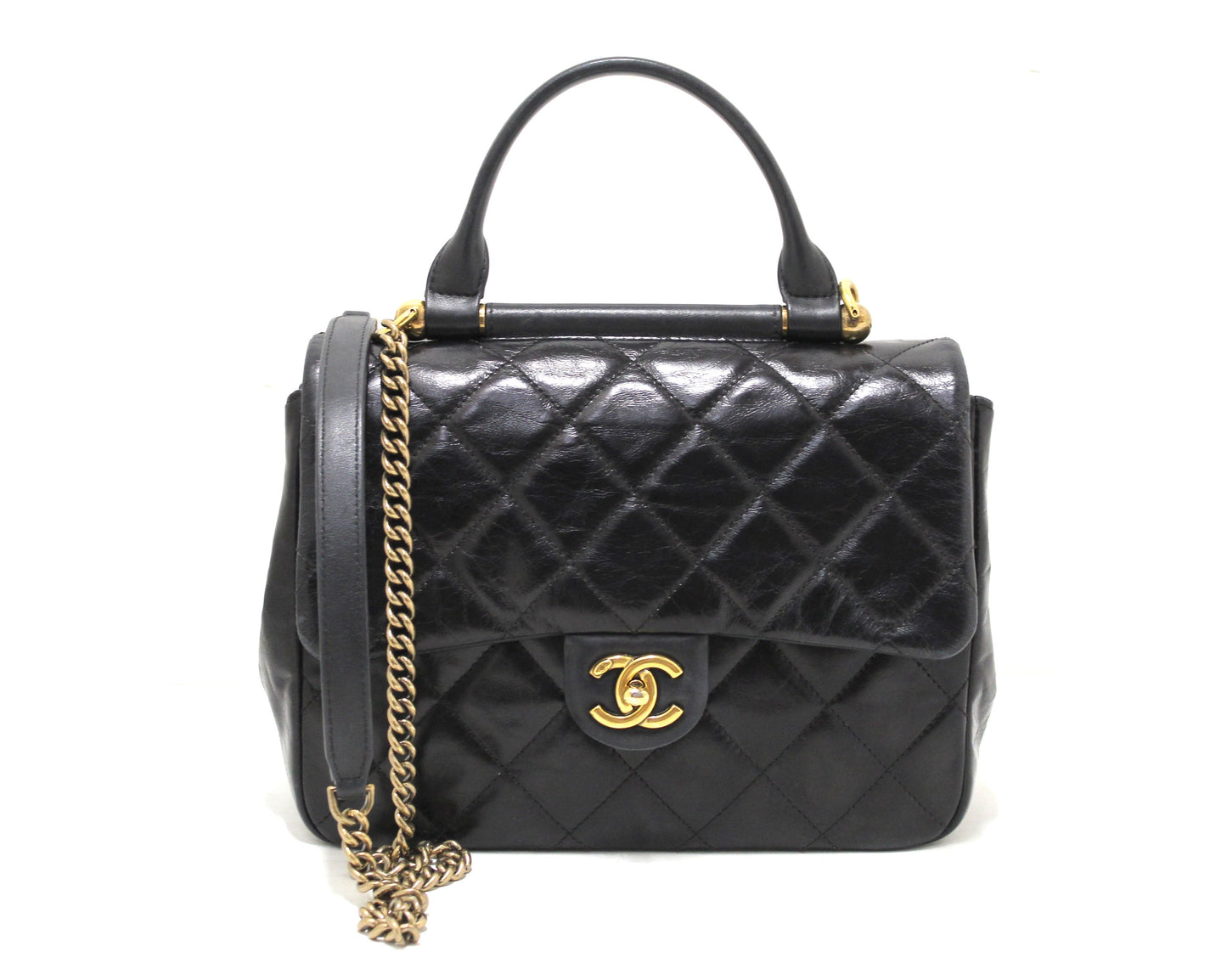 Chanel Black Aged Quilted Calfskin Leather Gold Bar Top Handle Medium Flap Bag
