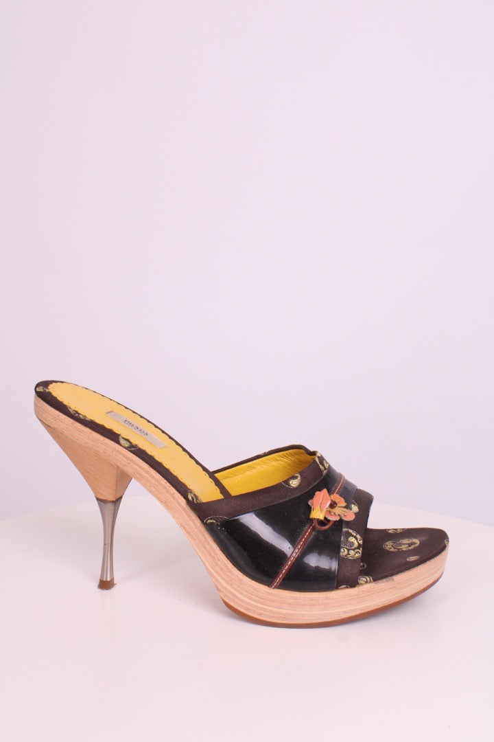 Prada Floral Wooden Heel Brown / Yellow 39.5
