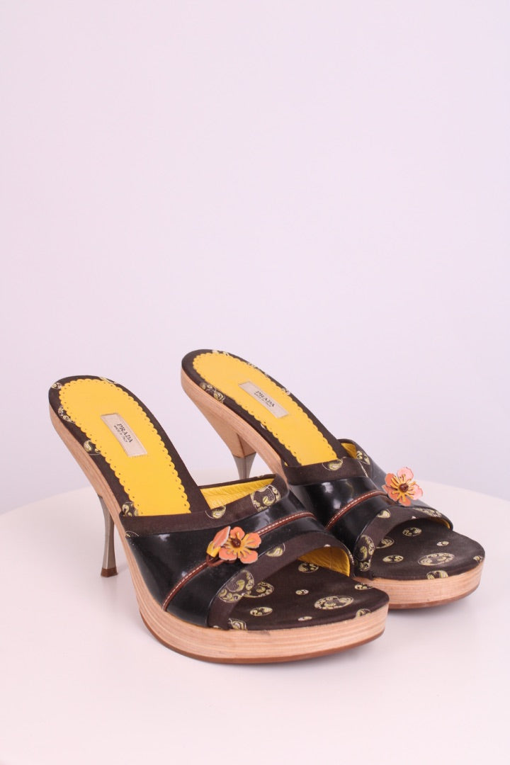 Prada Floral Wooden Heel Brown / Yellow 39.5
