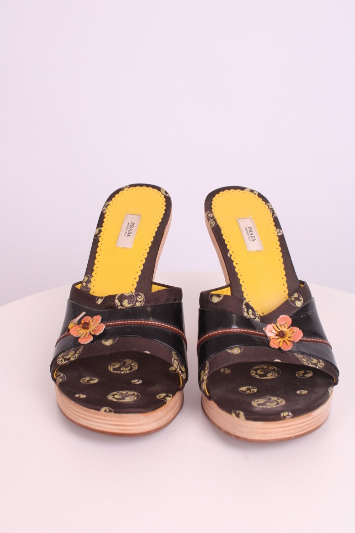 Prada Floral Wooden Heel Brown / Yellow 39.5